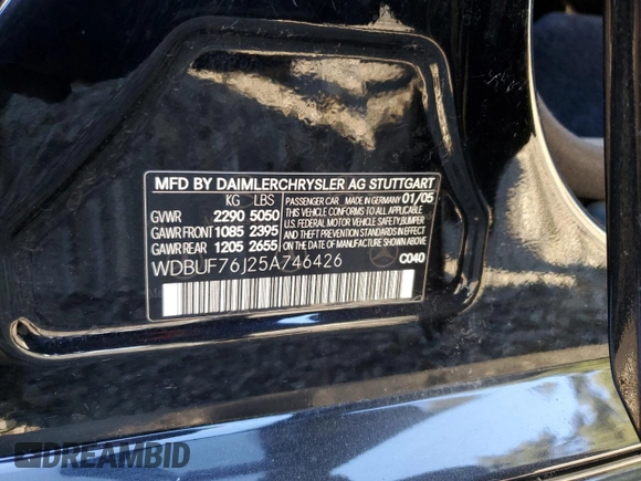 2005 Mercedes-Benz E-Class 5.5L AMG with VIN WDBUF76J25A746426, listed as a Copart auction lot 85879584 with 134,055 mi miles and Salvage Title. Bid and sale history available at carsss.com. Image 12.
