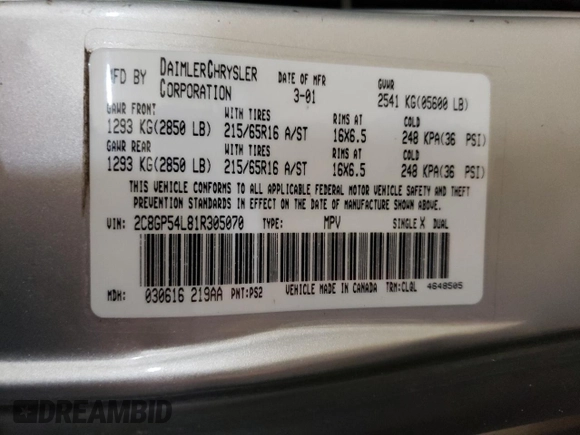 2001 Chrysler Town & Country LXi with VIN 2C8GP54L81R305070, listed as a Copart auction lot 42321265 with Not Provided miles and Salvage Title. Bid and sale history available at DreamBid. Image 14.