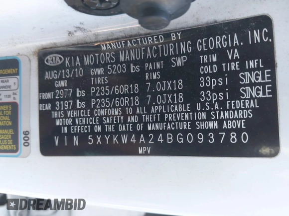 2011 Kia Sorento SX with VIN 5XYKW4A24BG093780, listed as a IAAI auction lot 41388971 with 171,673 mi miles. Bid and sale history available at carsss.com. Image 9.