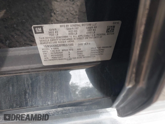 2015 Chevrolet Suburban LTZ with VIN 1GNSKKKC6FR637086, listed as a IAAI auction lot 42104826 with 79,986 mi miles and . Bid and sale history available at DreamBid. Image 9.