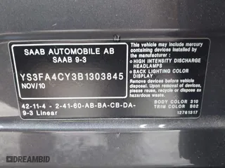 2011 Saab 9-3 with VIN YS3FA4CY3B1303845, listed as a IAAI auction lot 41902057 with 138,242 mi miles. Bid and sale history available at carsss.com. Image 9.