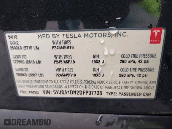 2013 Tesla Model S z VIN 5YJSA1DN2DFP07738, wystawiony jako IAAI lot #42433771 z przebiegiem 71 606 mil mil oraz . Historia ofert i sprzedaży dostępna na DreamBid. Obrazek 9.