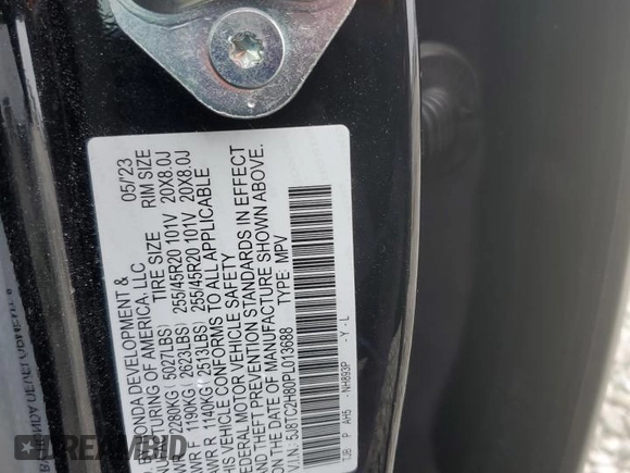2023 Acura RDX w/A-Spec Advance Package with VIN 5J8TC2H80PL013688, listed as a Copart auction lot 45362985 with 8,139 mi miles and Salvage Title. Bid and sale history available at carsss.com. Image 16.