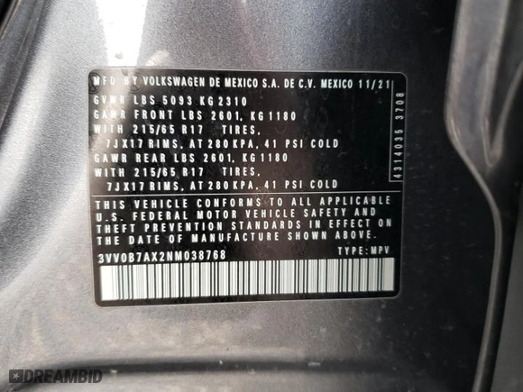2022 Volkswagen Tiguan S with VIN 3VV0B7AX2NM038768, listed as a Copart auction lot 48081425 with 77,065 mi miles and Salvage Title. Bid and sale history available at carsss.com. Image 15.