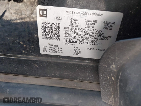 2023 Buick Encore GX Select with VIN KL4MMDS26PB061289, listed as a IAAI auction lot 42014422 with 58,581 mi miles and . Bid and sale history available at DreamBid. Image 9.