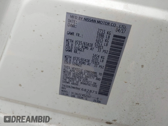 2017 Nissan Pathfinder SL with VIN 5N1DR2MN9HC682875, listed as a IAAI auction lot 42045618 with 157,149 mi miles and . Bid and sale history available at DreamBid. Image 9.
