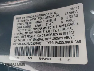2013 Honda Civic LX with VIN 2HGFB2F53DH534681, listed as a IAAI auction lot 42129613 with 246,317 mi miles and . Bid and sale history available at DreamBid. Image 9.