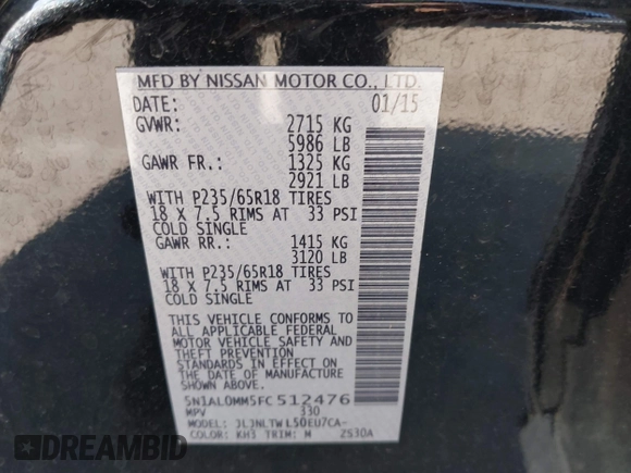2015 Infiniti QX60 with VIN 5N1AL0MM5FC512476, listed as a IAAI auction lot 42050707 with 138,911 mi miles and . Bid and sale history available at DreamBid. Image 9.