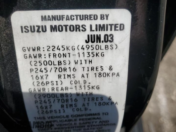 2003 Isuzu Rodeo z VIN 4S2CK58W734311374, wystawiony jako Copart lot #57949325 z przebiegiem 247 580 mil mil oraz Tytuł czysty. Historia ofert i sprzedaży dostępna na DreamBid. Obrazek 12.
