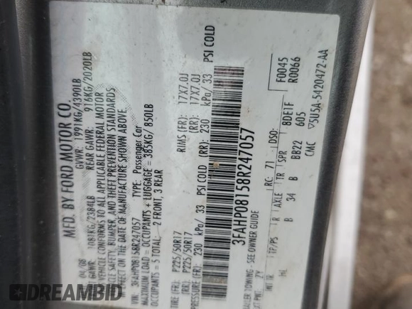 2008 Ford Fusion SEL with VIN 3FAHP08158R247057, listed as a Copart auction lot 51349435 with 222,294 mi miles and Salvage Title. Bid and sale history available at carsss.com. Image 13.