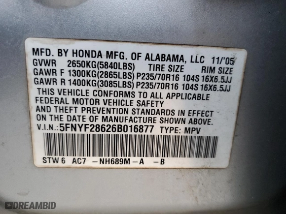 2006 Honda Pilot EX-L with RES with VIN 5FNYF28626B016877, listed as a Copart auction lot 85052884 with 201,001 mi miles and Salvage Title. Bid and sale history available at carsss.com. Image 13.