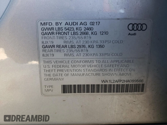 2017 Audi Q5 Premium Plus z VIN WA1L2AFP2HA099566, wystawiony jako Copart lot #54523795 z przebiegiem 121 443 mil mil oraz Szkoda całkowita • Salvage title. Historia ofert i sprzedaży dostępna na DreamBid. Obrazek 13.