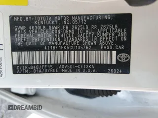 2012 Toyota Camry L with VIN 4T1BF1FK5CU105762, listed as a Copart auction lot 54108565 with 216,685 mi miles and Clean Title. Bid and sale history available at carsss.com. Image 12.