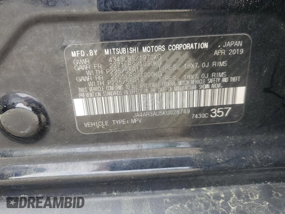 2019 Mitsubishi Outlander ES z VIN JA4AR3AU5KU028749, wystawiony jako Copart lot #52692835 z przebiegiem 122 439 mil mil oraz Szkoda całkowita • Salvage title. Historia ofert i sprzedaży dostępna na DreamBid. Obrazek 14.