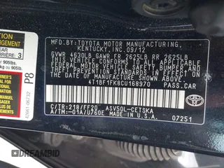 2012 Toyota Camry L with VIN 4T1BF1FK8CU168970, listed as a IAAI auction lot 42068072 with 281,835 mi miles and . Bid and sale history available at DreamBid. Image 9.