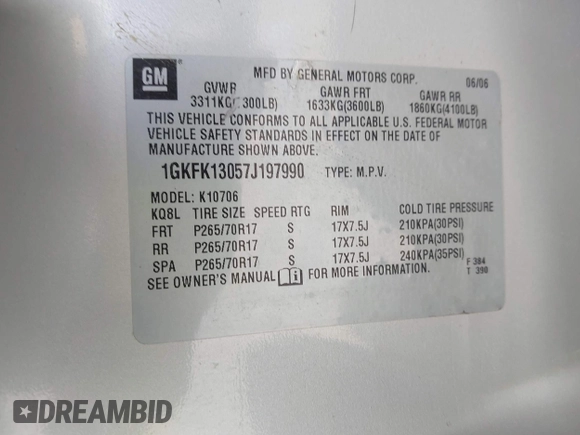 2007 GMC Yukon SLE z VIN 1GKFK13057J197990, wystawiony jako IAAI lot #41963224 z przebiegiem 187 060 mil mil oraz . Historia ofert i sprzedaży dostępna na DreamBid. Obrazek 9.