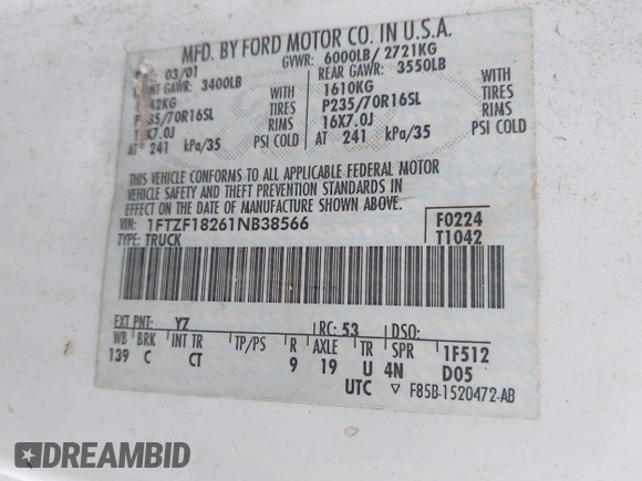 2001 Ford F-150 XL with VIN 1FTZF18261NB38566, listed as a IAAI auction lot 42697870 with Not provided miles and . Bid and sale history available at DreamBid. Image 9.