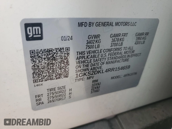 2024 GMC Yukon Denali with VIN 1GKS2DKL4RR154659, listed as a Copart auction lot 85551244 with 0 mi miles and Salvage Title. Bid and sale history available at carsss.com. Image 16.
