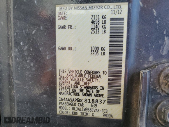 2013 Nissan Maxima S with VIN 1N4AA5AP6DC818837, listed as a Copart auction lot 61848785 with 149,145 mi miles and Salvage title. Bid and sale history available at DreamBid. Image 12.