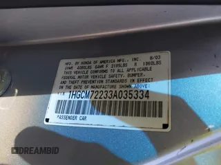 2003 Honda Accord LX with VIN 1HGCM72233A035334, listed as a IAAI auction lot 42098703 with 200,170 mi miles and . Bid and sale history available at DreamBid. Image 9.