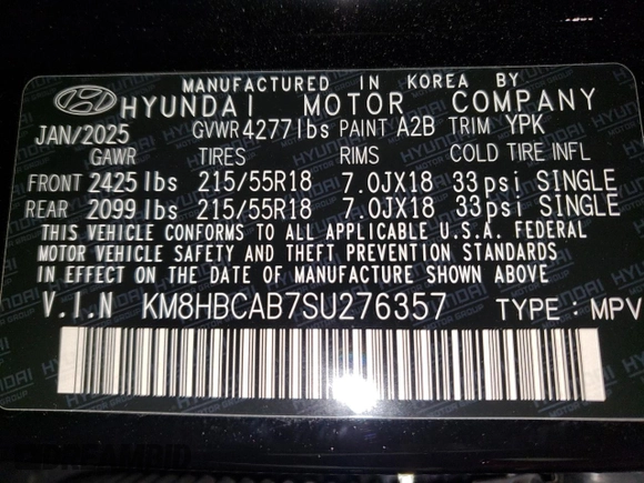 2025 Hyundai Kona SEL with VIN KM8HBCAB7SU276357, listed as a Copart auction lot 53148795 with 418 mi miles and Salvage Title. Bid and sale history available at carsss.com. Image 13.