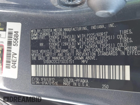 2007 Toyota Sienna XLE with VIN 5TDZK22C27S035151, listed as a IAAI auction lot 41380573 with 282,903 mi miles. Bid and sale history available at carsss.com. Image 9.