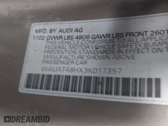 2003 Audi A4 3.0L with VIN WAUAT48HX3K017357, listed as a IAAI auction lot 42236859 with Not provided miles and . Bid and sale history available at DreamBid. Image 9.