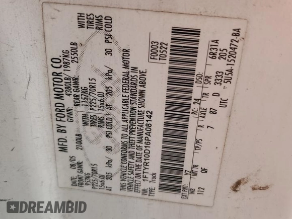 2006 Ford Ranger XL with VIN 1FTYR10D16PA08142, listed as a Copart auction lot 47800395 with Not Provided miles and Salvage Title. Bid and sale history available at DreamBid. Image 12.