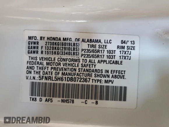 2013 Honda Odyssey EX-L with VIN 5FNRL5H61DB072367, listed as a Copart auction lot 56363435 with 137,513 mi miles and Clean Title. Bid and sale history available at DreamBid. Image 13.