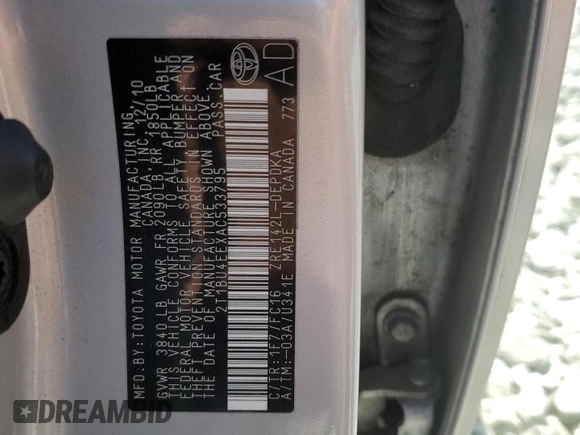 2010 Toyota Corolla with VIN 2T1BU4EEXAC533795, listed as a Copart auction lot 61817185 with 93,322 mi miles and Salvage title. Bid and sale history available at DreamBid. Image 12.