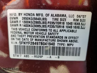 2007 Honda Pilot EX with VIN 5FNYF28497B041940, listed as a Copart auction lot 53581635 with 221,572 mi miles and Clean Title. Bid and sale history available at carsss.com. Image 13.
