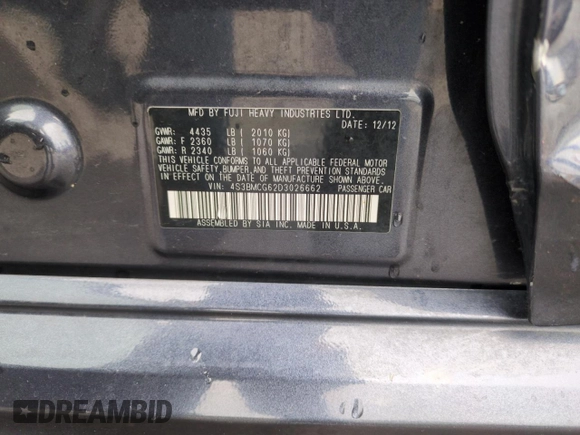 2013 Subaru Legacy Special Sports with VIN 4S3BMCG62D3026662, listed as a Copart auction lot 51488675 with 107,042 mi miles and Salvage title. Bid and sale history available at DreamBid. Image 12.