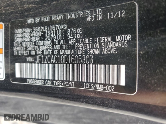 2013 Subaru BRZ Limited with VIN JF1ZCAC18D1605303, listed as a Copart auction lot 71567234 with 94,078 mi miles and Clean Title. Bid and sale history available at carsss.com. Image 13.