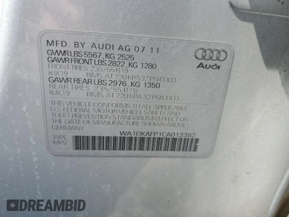 2012 Audi Q5 Premium Plus с VIN WA1DKAFP1CA012382, выставлен на аукционе Copart как лот 61397825 с пробегом 107 390 миль миль и Списание • Salvage title. История ставок и продаж доступна на DreamBid. Изображение 13.