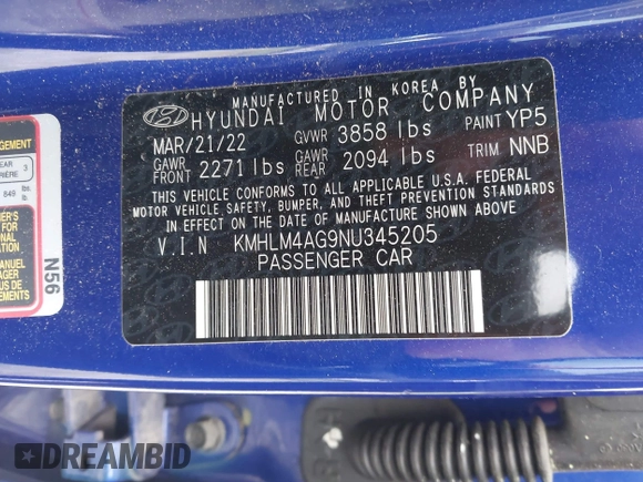 2022 Hyundai Elantra SEL with VIN KMHLM4AG9NU345205, listed as a IAAI auction lot 41953130 with 19,829 mi miles and . Bid and sale history available at DreamBid. Image 9.