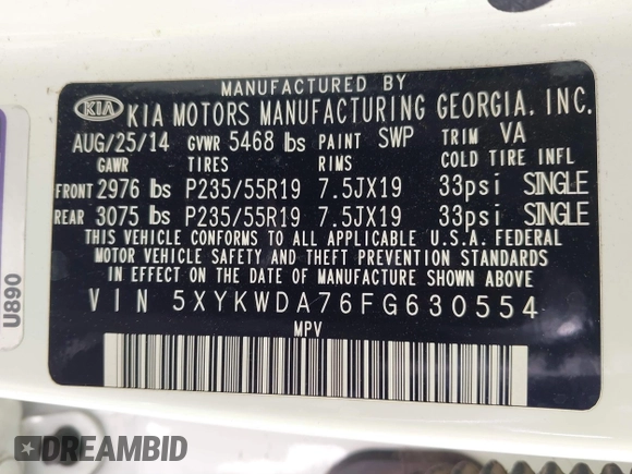 2015 Kia Sorento SX with VIN 5XYKWDA76FG630554, listed as a IAAI auction lot 41862520 with 77,457 mi miles. Bid and sale history available at carsss.com. Image 9.