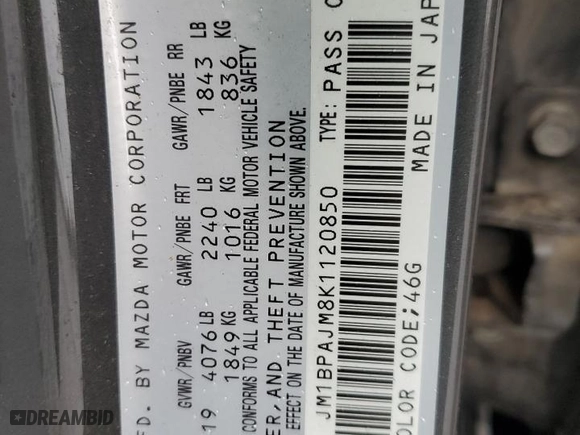2019 Mazda Mazda3 Hatchback with VIN JM1BPAJM8K1120850, listed as a Copart auction lot 72636294 with 43,792 mi miles and Salvage Title. Bid and sale history available at carsss.com. Image 13.