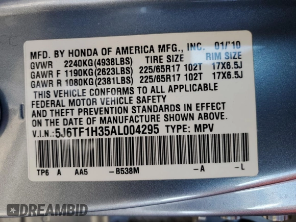 2010 Honda Accord Crosstour EX with VIN 5J6TF1H35AL004295, listed as a Copart auction lot 74590634 with 168,811 mi miles and Clean Title. Bid and sale history available at carsss.com. Image 12.