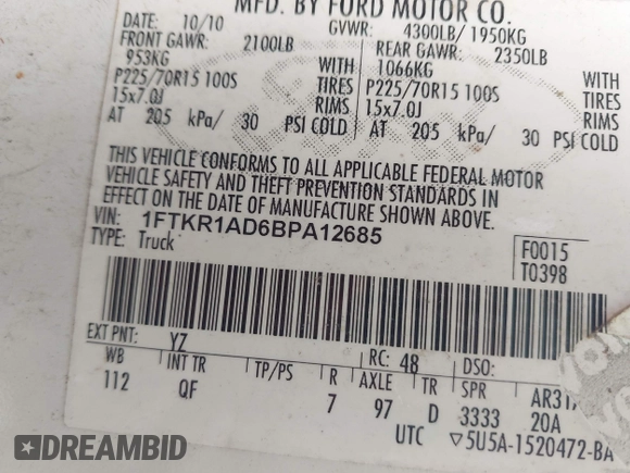 2011 Ford Ranger XL with VIN 1FTKR1AD6BPA12685, listed as a IAAI auction lot 42368479 with 155,423 mi miles and . Bid and sale history available at DreamBid. Image 9.