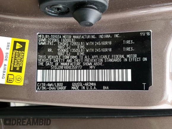 2017 Toyota Highlander XLE with VIN 5TDJZRFHXHS359117, listed as a Copart auction lot 62672815 with 100,515 mi miles and Clean title. Bid and sale history available at DreamBid. Image 13.