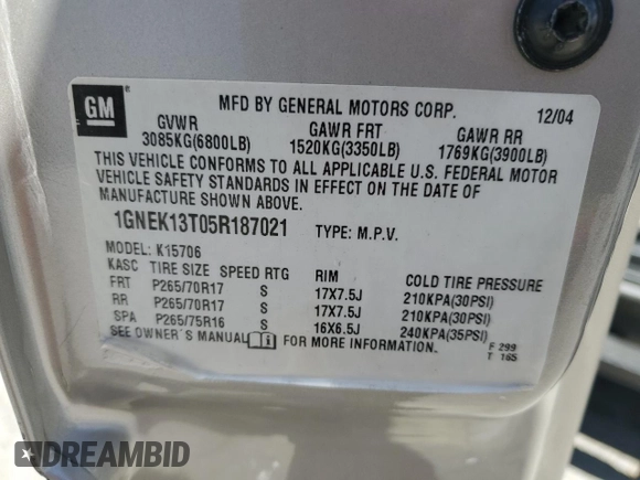 2005 Chevrolet Tahoe Z71 z VIN 1GNEK13T05R187021, wystawiony jako Copart lot #57180025 z przebiegiem 135 572 mil mil oraz Szkoda całkowita • Salvage title. Historia ofert i sprzedaży dostępna na DreamBid. Obrazek 13.
