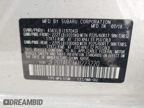 2019 Subaru Crosstrek Premium с VIN JF2GTAEC3KH223220, выставлен на аукционе IAAI как лот 42370028 с пробегом Не указан миль и . История ставок и продаж доступна на DreamBid. Изображение 9.
