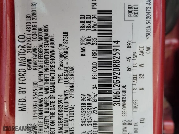 2013 Lincoln MKZ with VIN 3LN6L2G92DR825914, listed as a Copart auction lot 75404634 with 104,780 mi miles and Clean Title. Bid and sale history available at carsss.com. Image 12.