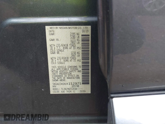 2020 Nissan Murano S with VIN 5N1AZ2ASXLN112975, listed as a IAAI auction lot 41931855 with 75,160 mi miles and . Bid and sale history available at DreamBid. Image 9.