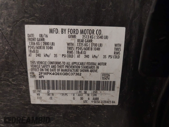 2016 Ford Edge SE with VIN 2FMPK4G9XGBC37362, listed as a IAAI auction lot 41861088 with 138,719 mi miles and . Bid and sale history available at DreamBid. Image 9.