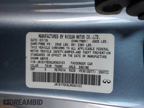 2020 Infiniti Q60 Luxe with VIN JN1EV7EK6LM340103, listed as a Copart auction lot 52420885 with 81,055 mi miles and Salvage Title. Bid and sale history available at carsss.com. Image 12.