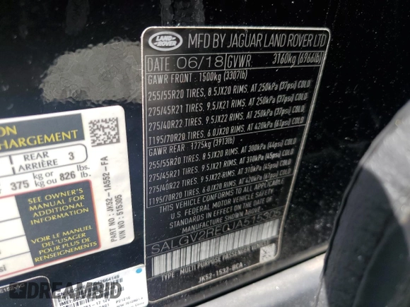 2018 Land Rover Range Rover Autobiography with VIN SALGV2RE0JA515305, listed as a Copart auction lot 46260115 with 95,491 mi miles and Salvage title. Bid and sale history available at DreamBid. Image 14.