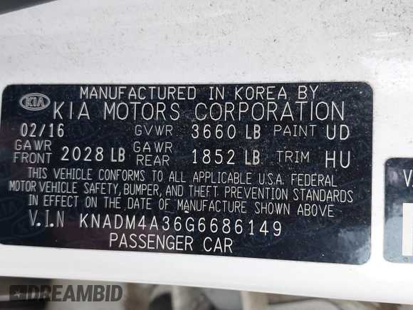 2016 Kia Rio LX with VIN KNADM4A36G6686149, listed as a IAAI auction lot 42015781 with 104,582 mi miles. Bid and sale history available at carsss.com. Image 9.