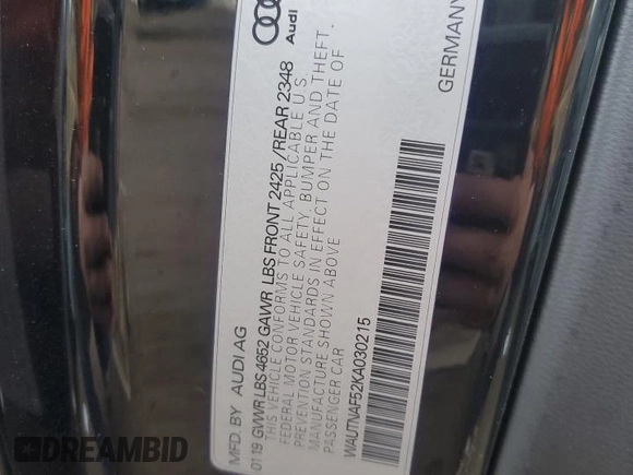 2019 Audi A5 Premium Plus with VIN WAUTNAF52KA030215, listed as a Copart auction lot 51474545 with 53,320 mi miles and Clean Title. Bid and sale history available at DreamBid. Image 12.