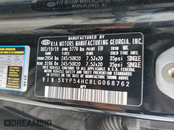 2020 Kia Telluride SX с VIN 5XYP54HC8LG068762, выставлен на аукционе Copart как лот 50559425 с пробегом 162 905 миль миль и Списание • Salvage title. История ставок и продаж доступна на DreamBid. Изображение 13.